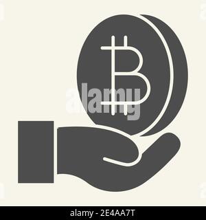 Offene Hand mit Bitcoin solide Symbol. Palm mit Kryptowährung Vektor-Illustration isoliert auf weiß. Krypto-Münze im ARM-Glyphen-Stil Design, entworfen für Stock Vektor