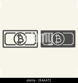 Bitcoin-Banknotenzeile und Glyphen-Symbol. Krypto-Geld-Vektor-Illustration isoliert auf weiß. Papier Kryptowährung Umriss Stil Design, für Web entwickelt Stock Vektor