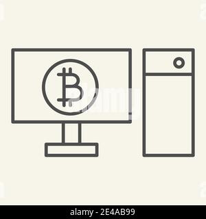 Computer und Kryptowährung Thin-Line-Symbol. Bitcoin auf pc Vektorgrafik isoliert auf weiß. Digitales Geld auf Computer skizzieren Stil Design Stock Vektor