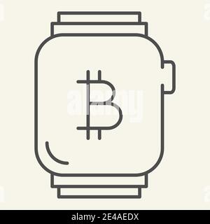 Smart Uhr mit Bitcoin dünne Linie Symbol. Bitcoin auf Armbanduhr Vektor-Illustration isoliert auf weiß. Elektronische Armbanduhr mit Krypto-Schild Umriss Stock Vektor