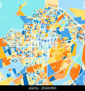 Farbkunstkarte von Calama, Chile, Chile in Blau und Orangen. Die Farbabstufungen in der Calama-Karte folgen einem zufälligen Muster. Stock Vektor