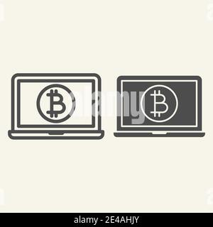Geöffneter Laptop mit Bitcoin-Münzlinie und Glyph-Symbol. Krypto-Münze auf Notizbuch Vektor-Illustration isoliert auf weiß. Gliederungsstil der Kryptowährung Stock Vektor