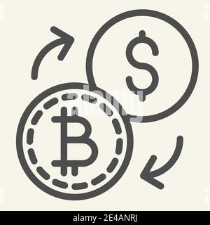 Symbol für Bitcoin-Dollar-Umrechnungslinie. Kryptowährungsbörse Vektor-Illustration isoliert auf weiß. Cryptocoin und Dollar mit Pfeilen skizzieren Stil Stock Vektor