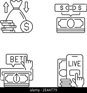 Lineare Symbole für die Buchmacherei sind gesetzt. Über und unter Einsatz. Parlay. Einzahlung vornehmen. Live-Wetten. Wettvorhersage. Anpassbare Symbole für dünne Linien. Isola Stock Vektor