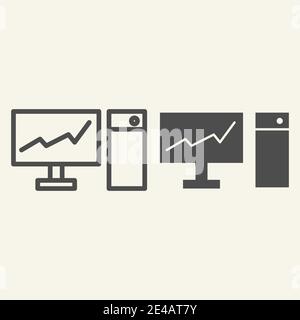 Monitor mit Grafik auf der Bildschirmlinie und Glyph-Symbol. Diagramm auf pc Vektorgrafik isoliert auf Weiß. Diagramm auf Computer Umriss Stil Design Stock Vektor