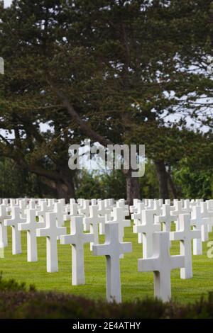 Christliche Kreuze markieren Gräber gefallener US-Soldaten, American Cemetery and Memorial, Colleville-sur-Mer, D-Day Beaches Area, Calvados, Normandie, Frankreich Stockfoto