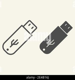 Flashlaufwerk und Glyph-Symbol. USB-Vektorgrafik isoliert auf Weiß. Design im Storage Outline Style, entwickelt für Web und App. Eps 10. Stock Vektor
