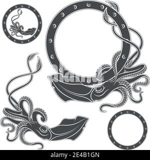 Set mit schwarzen und weißen Illustrationen mit Tintenfisch auf weißem Hintergrund. Stock Vektor