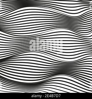 Schwarz-weiß deformierter Hintergrund. Abstraktes op Art Muster. Moderne konzeptuelle Illusion. Vektorverwackelte, verformte Linien. Wissenschaftlich winkendes Design. EPS Stock Vektor