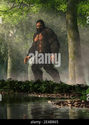 Der geheimnisvolle bigfoot, eine Kreatur der Folklore und Legende, und die beliebteste Kryptide Nordamerikas, steht in einem Wald an einem Teich. 3D-Rendering Stockfoto