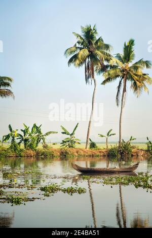Kleines lokales Fischerboot auf schönen Alleppey Backwaters Landschaft mit Palmen im Hintergrund, Kerala, Indien Stockfoto