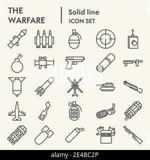 Kriegsführung Linie Icon-Set, Waffe Symbole Sammlung, Vektor-Skizzen, Logo-Illustrationen, Waffen Zeichen lineare Piktogramme Paket isoliert auf weiß Stock Vektor