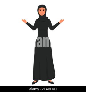 Muslimische Frauen in Hijab voller Länge lächeln in schwarzen traditionellen, ethnischen Kleid isoliert auf weißem Hintergrund. Elegante weibliche Geste, Cartoon-Stil, positioniert Stock Vektor