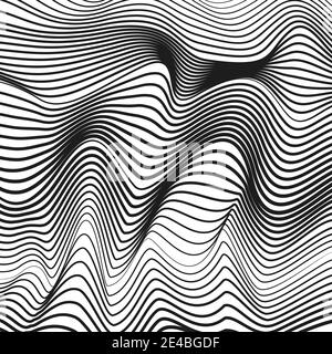 Schwarz-weißes Techno-Muster. Ton, Radiowellen. Linienkunst. Vektorkurven verquillern. Verformte Oberfläche. Abstrakter monochromer Hintergrund. EPS10 Stock Vektor
