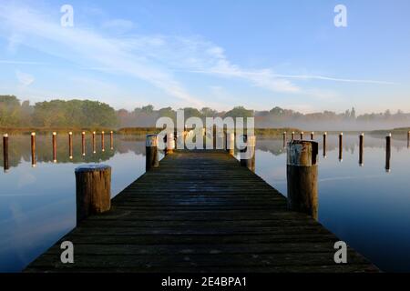 Sonnenaufgang im Nebel über dem Hafen von Prerow am Prerowstrom, Halbinsel Fischland-Darss-Zingst, Mecklenburg-Vorpommern, Deutschland Stockfoto