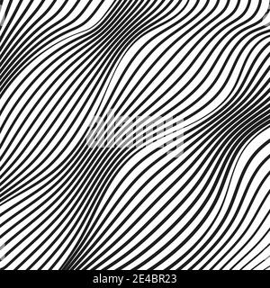 Abstrakte diagonale Quichelllinien. Op-Art-Muster. Verformte schwarz-weiß gestreifte Oberfläche. Verzerrte, winkende Kurven. Technisches Design. Modernes Konzept. EPS10 Stock Vektor