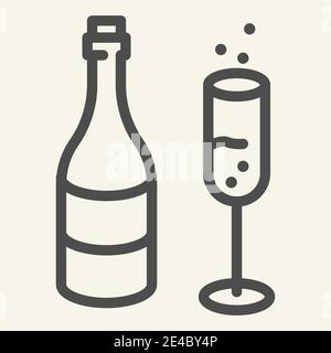 Champagner und Glassymbol. Neujahr Feier skizzieren Stil Piktogramm auf weißem Hintergrund. Sekt und Glas mit Blasen für mobile Stock Vektor