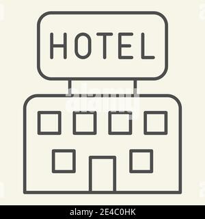 Symbol für dünne Linien des Hotels. Hotelgebäude mit Schild-Symbol, ein Piktogramm im Umriss-Stil auf beigefarbenem Hintergrund. Reise Wohnung Zeichen für mobile Konzept und Stock Vektor
