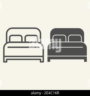 Doppelbettlinie und durchgehende Ikone. Hotelschlafzimmer-Symbol, skizziert Stil Piktogramm auf beigem Hintergrund. Schlafen und entspannen Möbel Zeichen für mobile Konzept Stock Vektor