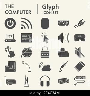 Computer Glyph Icon Set, digitale Symbole Sammlung, Vektor-Skizzen, Logo-Illustrationen, Web-Zeichen solide Piktogramme Paket auf weiß isoliert Stock Vektor