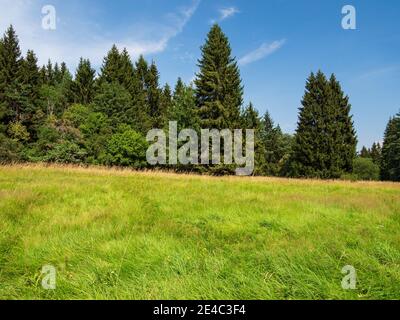 Rhön Landschaft am Kreuzberg - der heilige Berg des Frankens - Biosphärenreservat Rhön, Unterfranken, Franken, Bayern, Deutschland Stockfoto