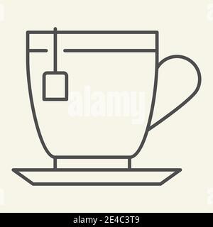 Symbol für dünne Teelinie. Teetasse mit Teebeutel-Symbol, Umriss Stil Piktogramm auf beigem Hintergrund. Heißgetränk in Tasse Zeichen für mobile Konzept und Web-Design Stock Vektor