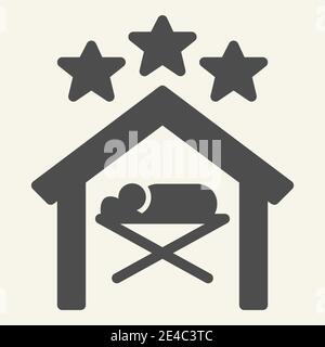 Weihnachtsszene solide Symbol. Geburt Christi Heilige Nacht Glyphen Stil Piktogramm auf weißem Hintergrund. Baby Jesus liegt in der Krippe unter Sternen für mobile Stock Vektor