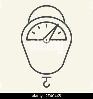 Symbol für dünne Linien der hängenden Skala. Küchenwaagen Werkzeug Symbol, skizzieren Stil Piktogramm auf beigem Hintergrund. Hängende Waage mit Hakenschild für mobile Stock Vektor