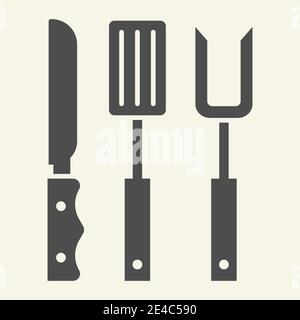 BBQ Grill Besteck solide Symbol. Röstung Utensil Symbol, Glyphen Stil Piktogramm auf beigem Hintergrund. Metzgermesser, Gabel und Spatel-Schild für Mobile Stock Vektor