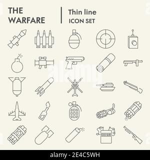 Warfare dünne Linie Icon-Set, Waffe Symbole Sammlung, Vektor-Skizzen, Logo-Illustrationen, Waffen Zeichen lineare Piktogramme Paket auf weiß isoliert Stock Vektor