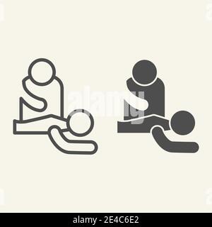 Massageliege und durchgehende Ikone. Professioneller Masseur und Patient skizzieren Stil Piktogramm auf weißem Hintergrund. Spa-Massage und Entspannung für mobile Stock Vektor