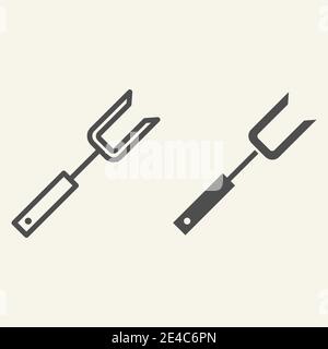 Grillgabelinie und durchgehende Symbol. Symbol für Barbecue-Stahlgabel, Umriss-Piktogramm auf beigem Hintergrund. BBQ Kochutensilien Zeichen für mobile Konzept Stock Vektor