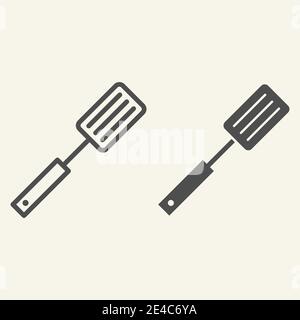 Symbol für Spachtellinie und durchgezogene Linie. Barbecue-Stahl-Spatel, Mesh-Symbol umreißen Stil Piktogramm auf beigem Hintergrund. Kochgeschirr und Küchenutensilien Schild Stock Vektor