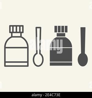 Medizinische Sirup Linie und solide Symbol. Medizinflasche und Messlöffel umreißen Stil Piktogramm auf weißem Hintergrund. Hustenmischung für mobiles Konzept Stock Vektor
