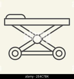 Symbol für dünne Linie der Trage. Deaktiviertes Piktogramm mit Umriss des Patientenbetts auf weißem Hintergrund. Krankenhausbett für mobiles Konzept und Webdesign Stock Vektor
