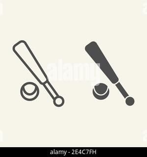 Baseballlinie und durchgehende Symbol. Sport Fledermaus und Ball Umriss Stil Piktogramm auf beigem Hintergrund. Baseballausrüstung für mobiles Konzept und Webdesign Stock Vektor