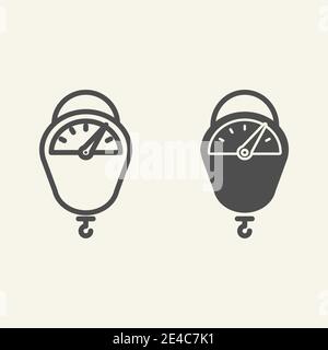 Hängende Skalenlinie und durchgehendes Symbol. Küchenwaagen Werkzeug Symbol, skizzieren Stil Piktogramm auf beigem Hintergrund. Hängende Waage mit Hakenschild für Stock Vektor