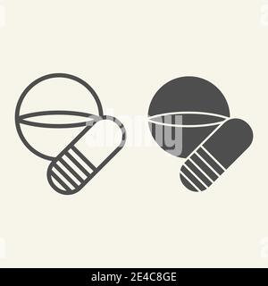 Tablette und Kapsel Linie und solide Symbol. Pillen oder Drogen umreißen Stil Piktogramm auf weißem Hintergrund. Zwei Schmerztabletten für mobiles Konzept und Web Stock Vektor
