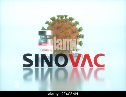 Sinovac-Impfstoff, konzeptuelles Bild für die Entdeckung eines Impfstoffes für den Covid-19, Coronavirus, 2019-nCoV, SARS-CoV-2. 3D-Illustration. Stockfoto