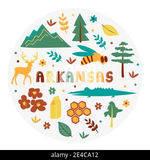 USA Kollektion. Vektor-Illustration von Arkansas Thema. Zustandssymbole - runde Form Stock Vektor