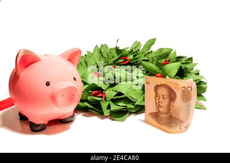 Sparschwein isoliert weißen Hintergrund mit Mao (Mao Zedong) Porträt auf 20 chinesische Papierwährung Yuan Renminbi Banknote und Triumphaler Lorbeerkranz Stockfoto