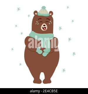 Braunbär lachend mit Tränen, emotionaler Charakter in voller Länge mit Schneeflocken, Hut und Schal isoliert auf weißem Hintergrund. Witziges, komisches Tier. Vect Stock Vektor