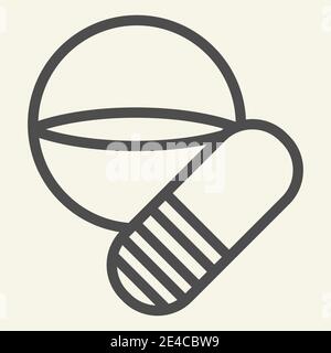 Symbol für Tablette und Kapsellinie. Pillen oder Drogen umreißen Stil Piktogramm auf weißem Hintergrund. Zwei Painkiller Tabletten für mobiles Konzept und Webdesign Stock Vektor