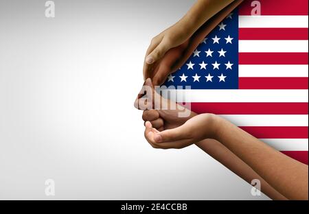 Amerikanische Leute, die sich als eine Nation zusammenschließen, als ein Team von Bürgern, die als eine aus verschiedenen Händen arbeiten, die sich zu einem Kopf zusammenschließen. Stockfoto