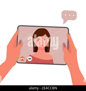 Tablet mit Händen, Videoanruf, Webinar-Konzept isoliert auf weißem Hintergrund. Verwenden von Technologie für Gespräche. Kreatives Web, in flacher Form. . Vektorgrafik Stock Vektor