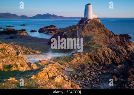 TWR Mawr Leuchtturm, Ynys Llanddwyn auf Anglesey, Wales Stockfoto