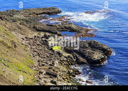 Der Blick auf Klippen und Felsformationen am Meer in der Nähe von East Fjords, Island im Sommer Stockfoto