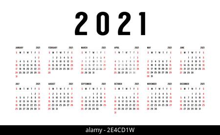 Einfacher editierbarer Vektorkalender für das Jahr 2021. Woche beginnt ab Sonntag. Stock Vektor