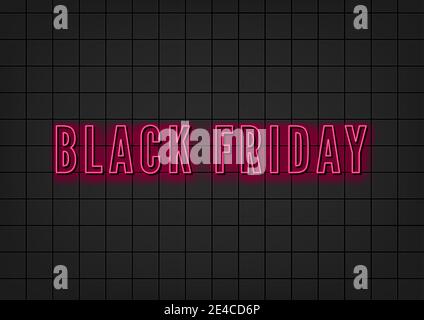 Black Friday Neon-Schild auf schwarzen Fliesen Hintergrund. Konzept der Werbung für saisonales Angebot mit leuchtendem Neontext. Stock Vektor