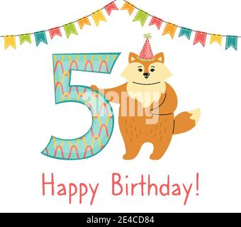 Gruß Glückliche Geburtstagskarte, Fuchs mit der Nummer fünf. Hand gezeichnet Red Fox Cartoon-Figur in Hut. Gratuliere Kind zum 5. Geburtstag. Lustige flache Tier-Vorlage isoliert Vektor-Illustration Stock Vektor